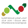 Logo de l'Office National du Conseil Agricole, comportant des formes abstraites en vert et rouge, avec un texte en arabe et en français indiquant « Office National du Conseil Agricole ».