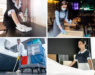 Diverses tâches de nettoyage dans un hôtel ou un restaurant : essuyer une table, pulvériser un comptoir, nettoyer l'extérieur et faire un lit, illustrant les services de nettoyage pour hôtels et restaurants.